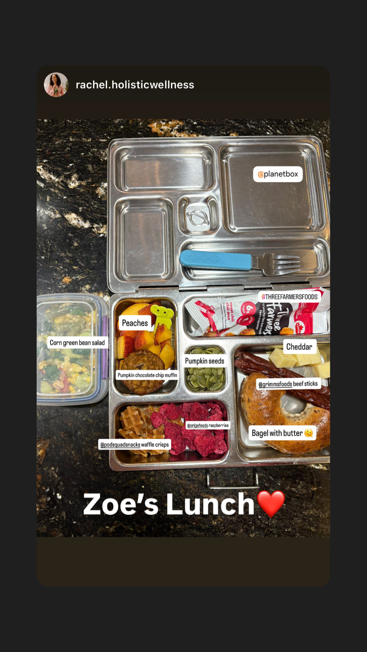 Zoe’s lunchbox with raspberries, seeds, cheese, fruit, and other foods, shared by @rachel.holisticwellness