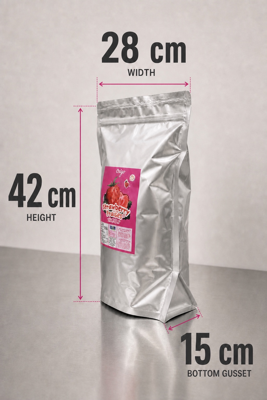 Three-quarter view of the large Origo Foods wholesale pouch at true proportions, marked 28 cm wide, 42 cm high, with a 15 cm bottom gusset