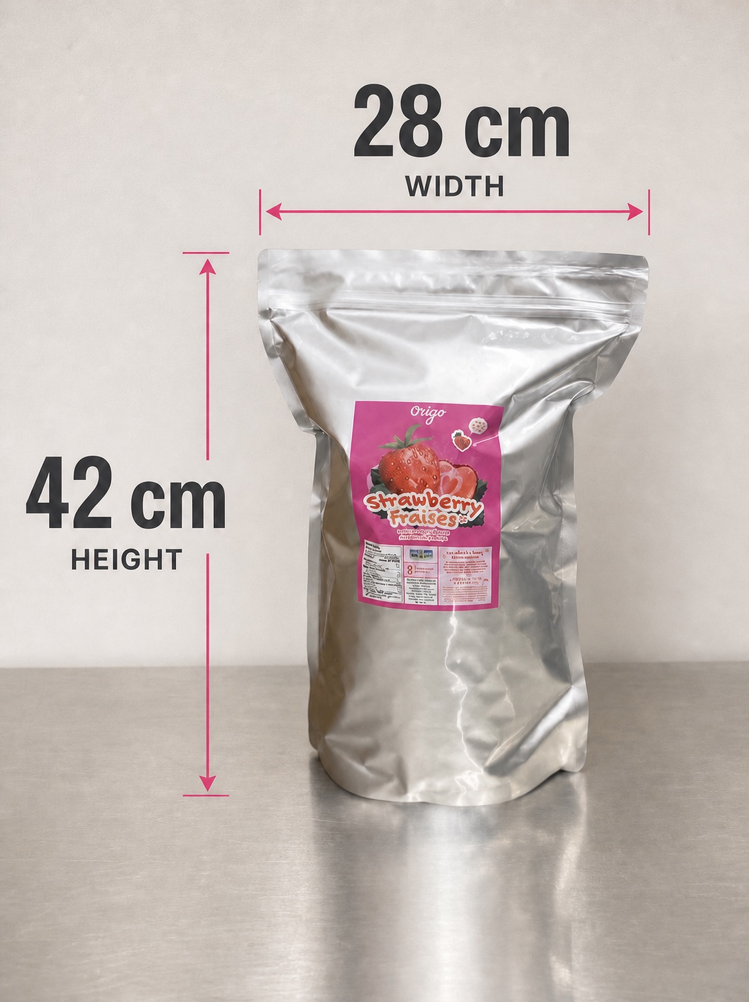 Front view of the large Origo Foods wholesale stand-up pouch for freeze-dried fruit, labelled 28 cm wide and 42 cm high