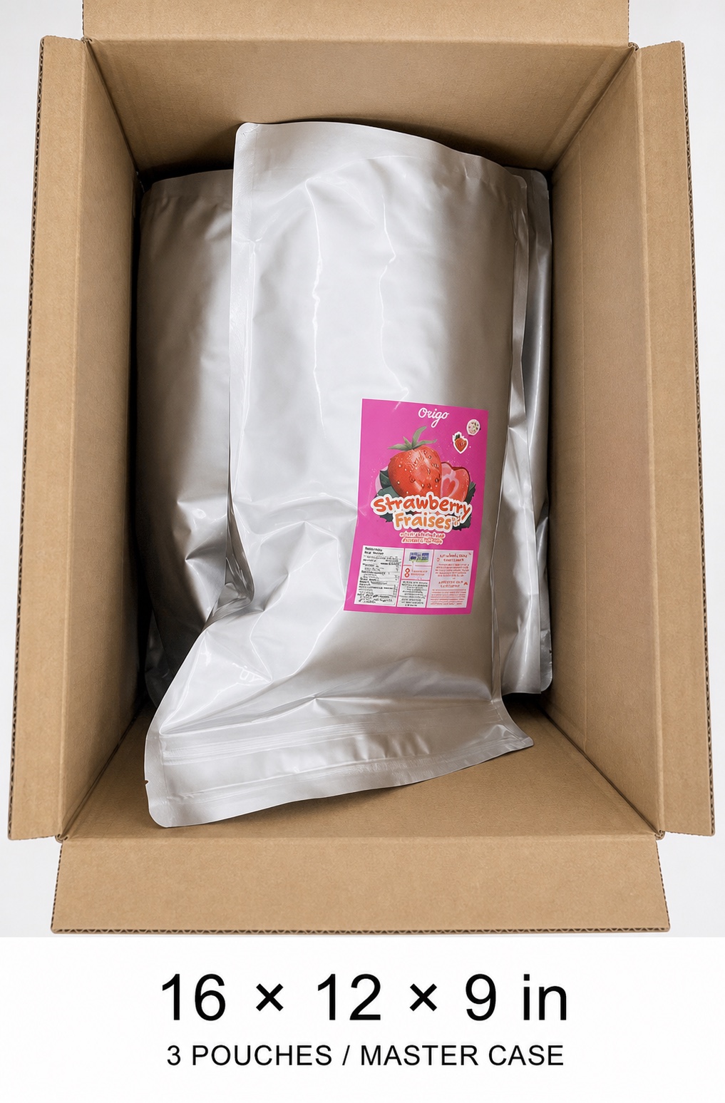 Open Origo Foods master case measuring 16 by 12 by 9 inches, packed with large wholesale pouches of freeze-dried strawberry, labelled three pouches per master case