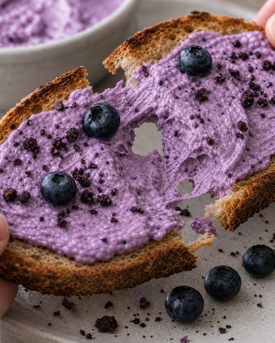 A slice of toast spread with blueberry cream cheese, one bite taken