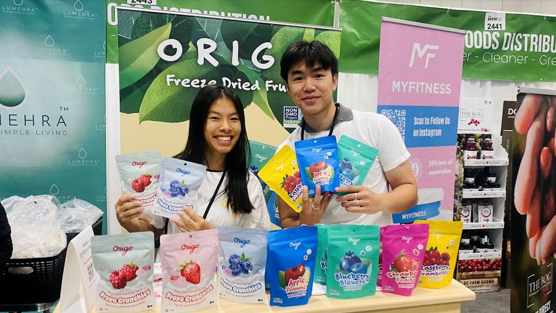 The Origo Foods booth at CHFA East in Toronto, with the freeze-dried fruit retail range laid out on the table