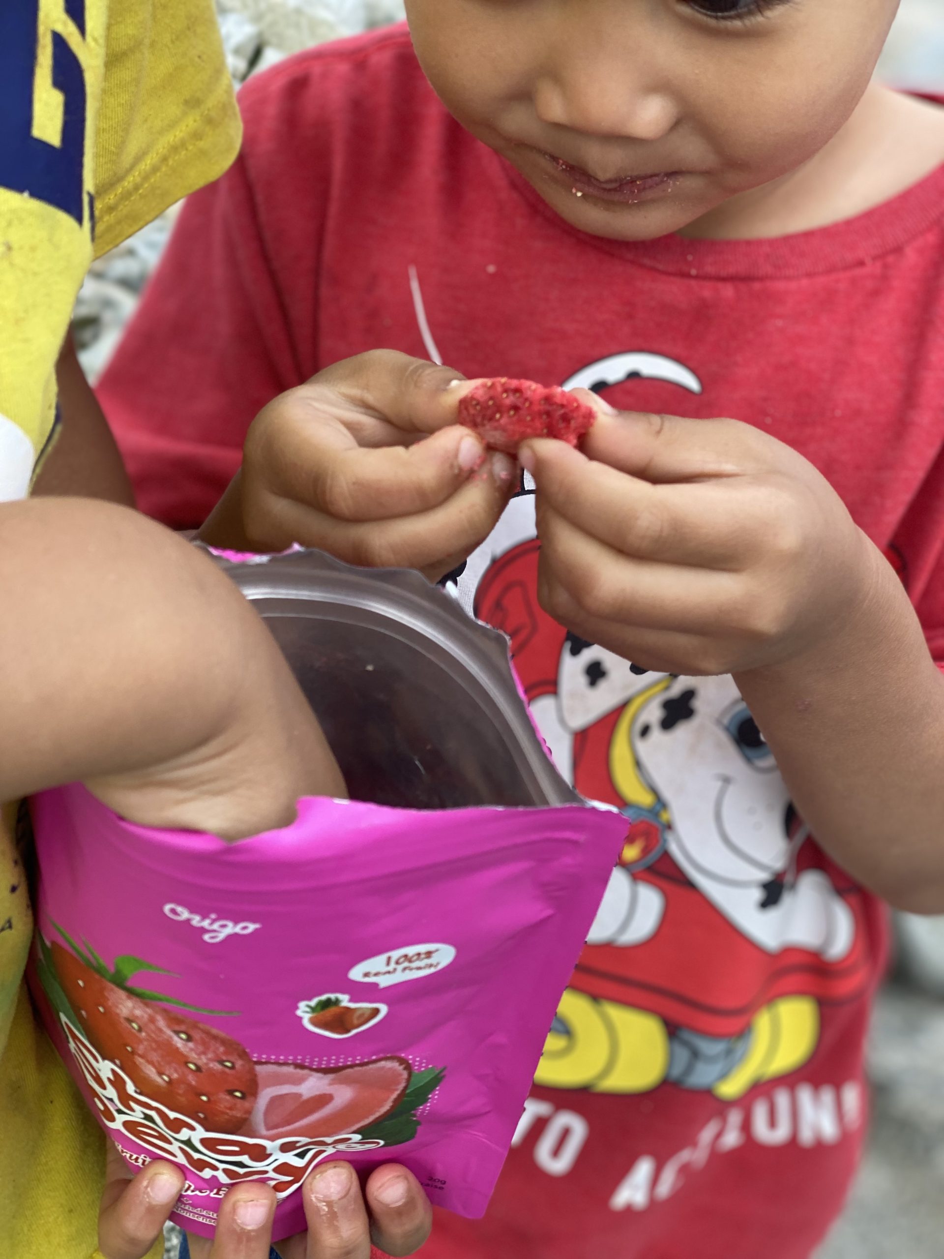 Child holding an Origo strawberry pouch and eating a freeze-dried strawberry