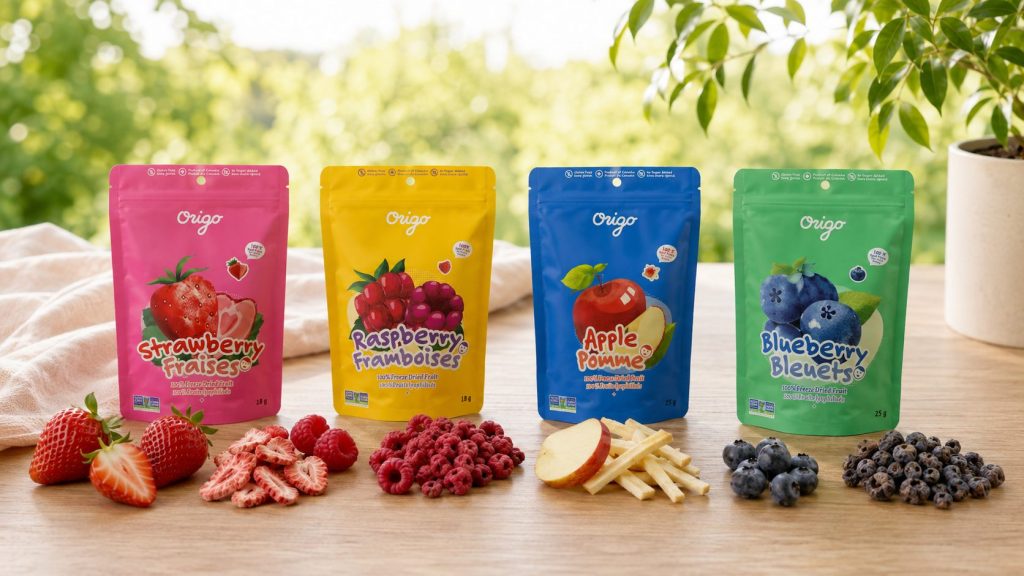 Origo freeze-dried strawberry, raspberry, apple and blueberry pouches with fresh and freeze-dried fruit