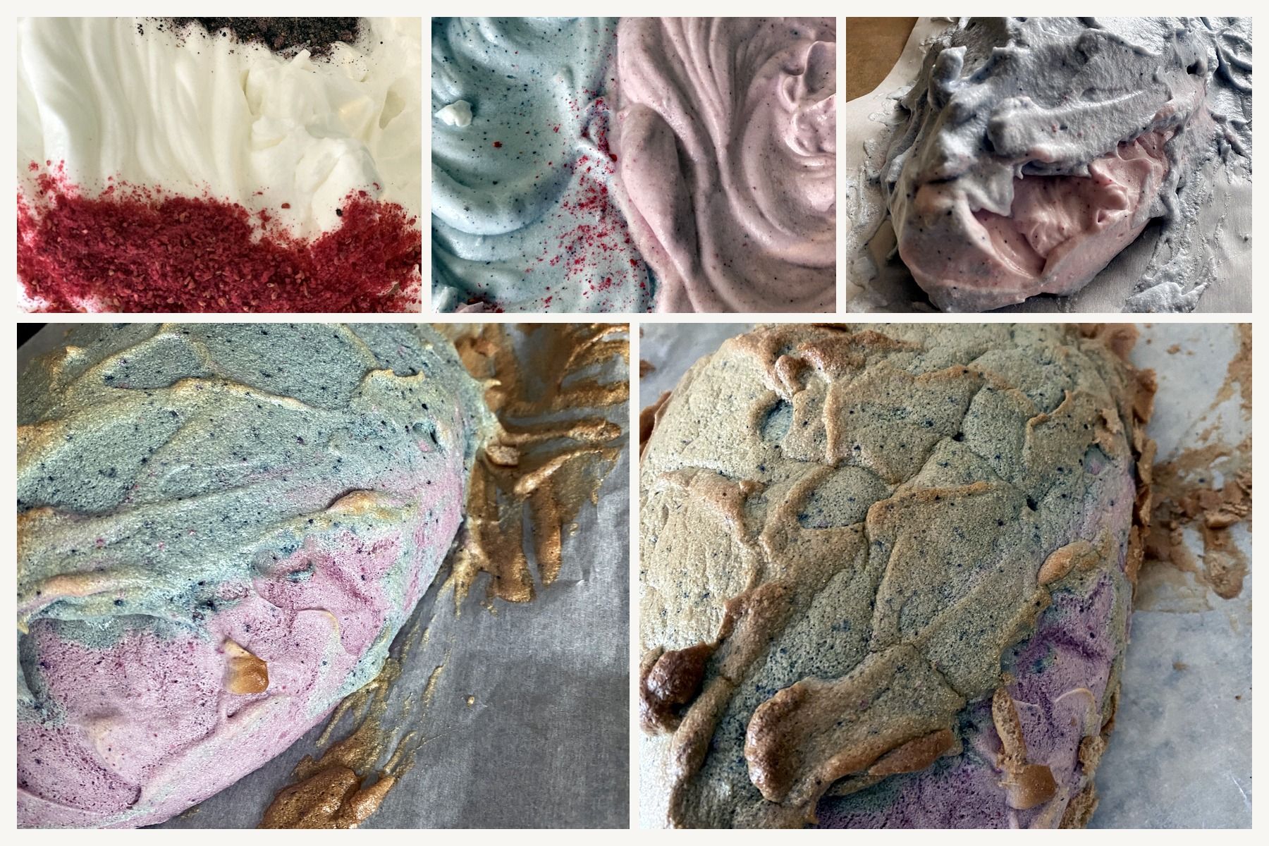 Five stages of a bake made with Origo freeze-dried blueberry and raspberry powder: the powders worked into a pale base, two coloured batters side by side, the batter spread on the tray, and the finished marbled loaf out of the oven