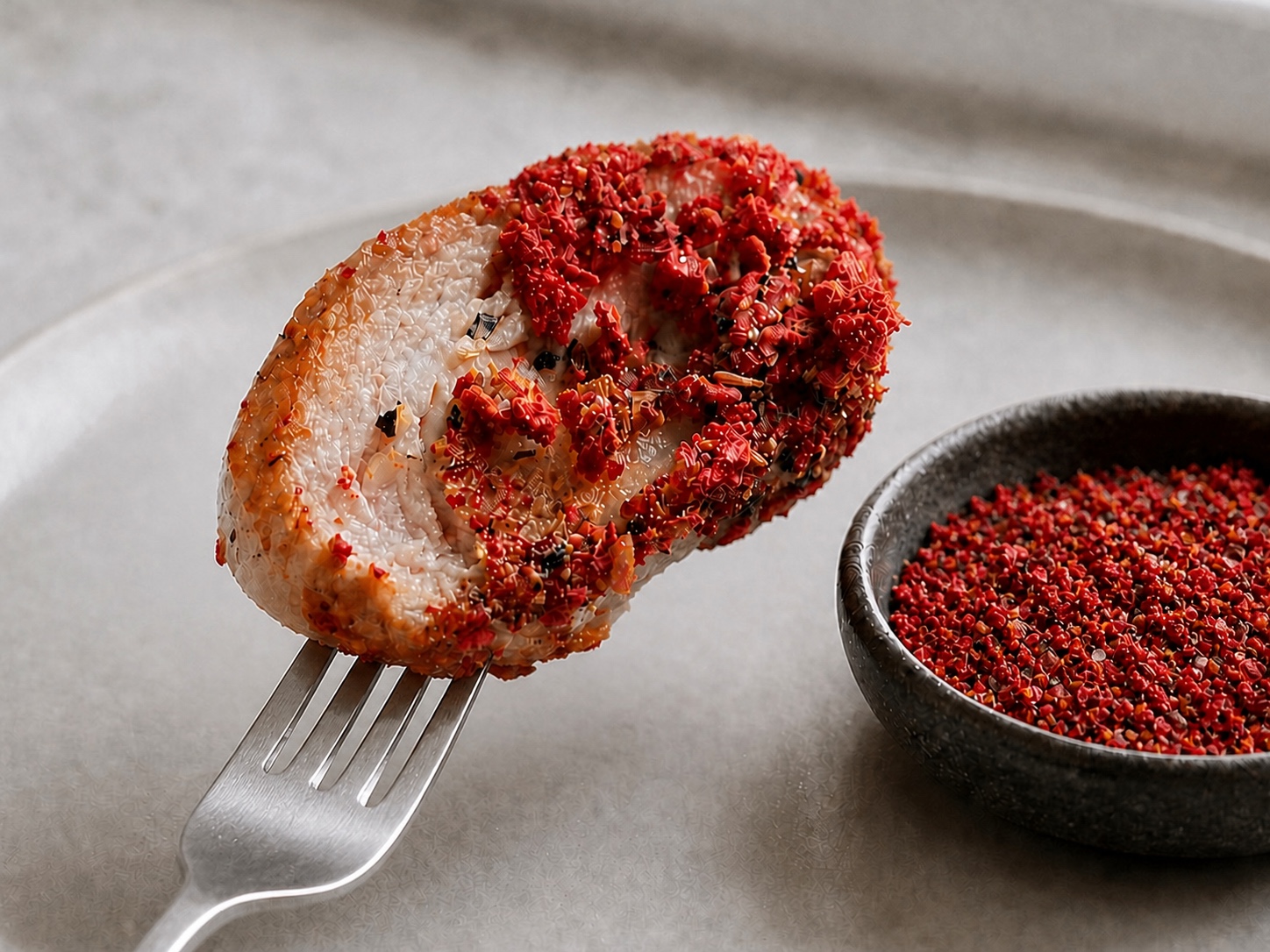 A pork chop crusted with Origo freeze-dried raspberry crumb, with a bowl of the dry crumb beside it