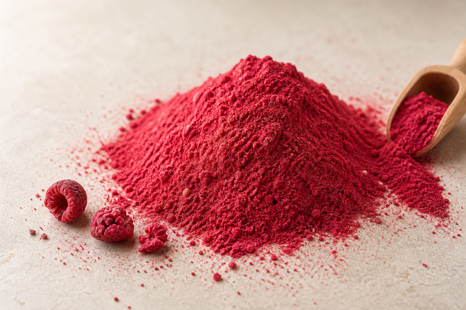 A mound of Origo freeze-dried raspberry milled to a fine powder