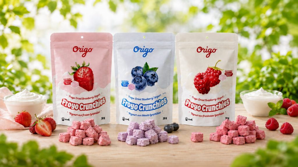 Origo Froyo Crunchies freeze-dried yogurt bites in strawberry, blueberry and raspberry