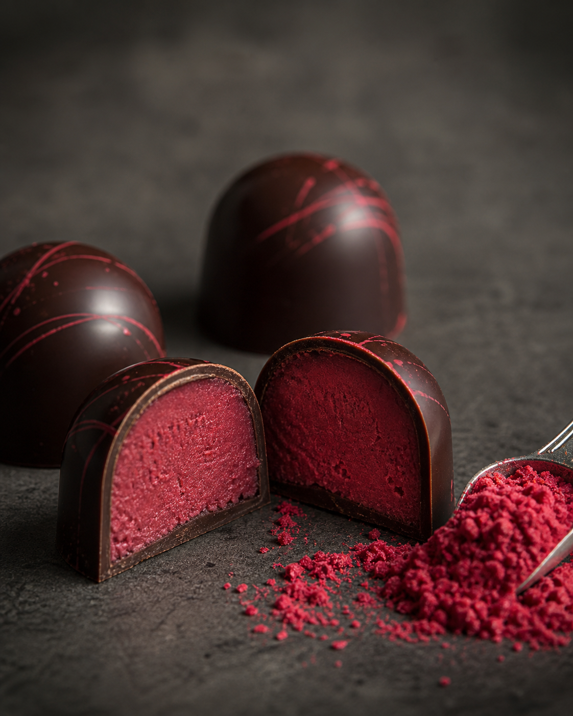 Chocolate ganache made with Origo freeze-dried raspberry crumb