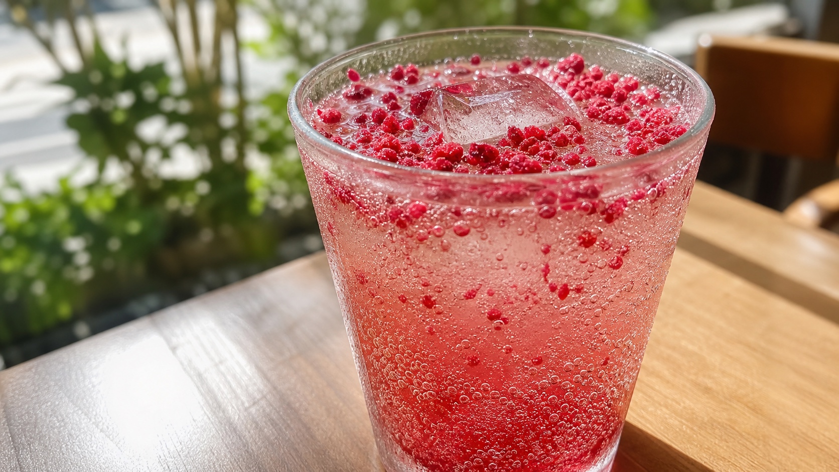 A sparkling drink poured over Origo freeze-dried raspberry pieces