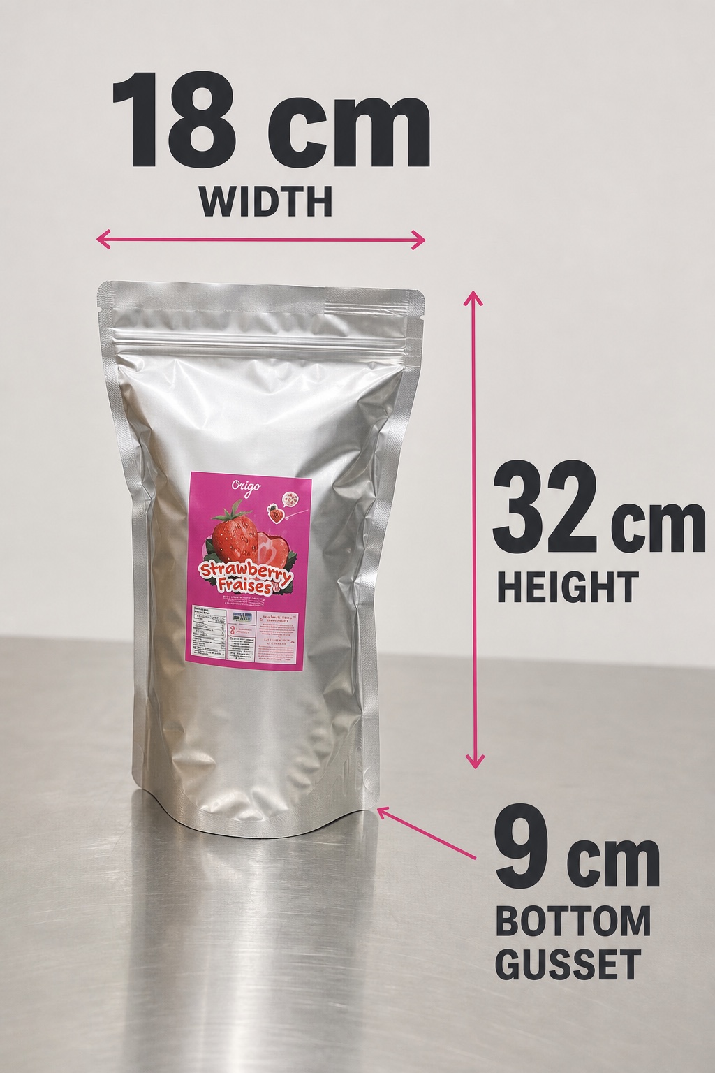Front view of the small Origo Foods wholesale stand-up pouch labelled 18 cm wide and 32 cm high with a 9 cm bottom gusset
