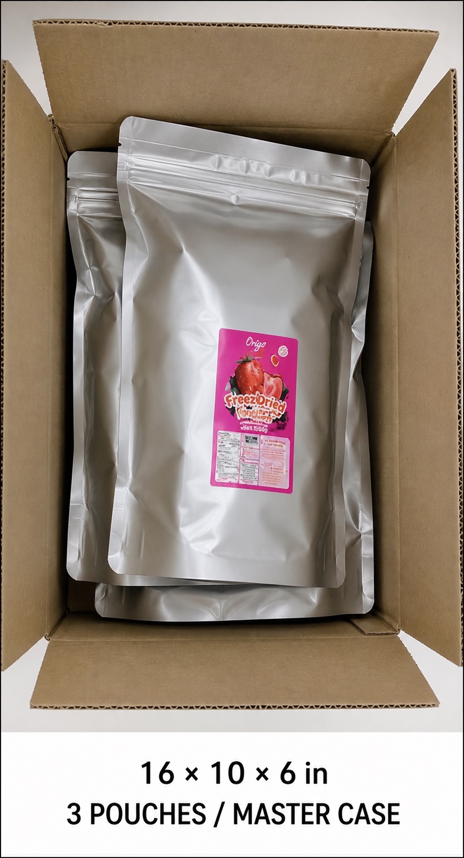 Open Origo Foods master case measuring 16 by 10 by 6 inches, packed with three small wholesale pouches of freeze-dried strawberry laid flat in an overlapping stack