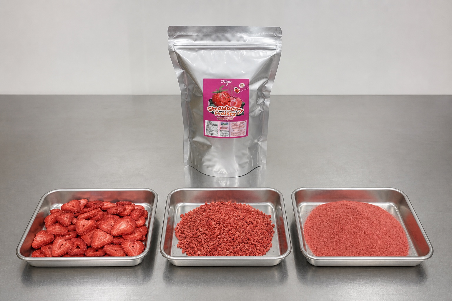 Small Origo Foods wholesale pouch with stainless trays of freeze-dried strawberry slices, bits, and powder