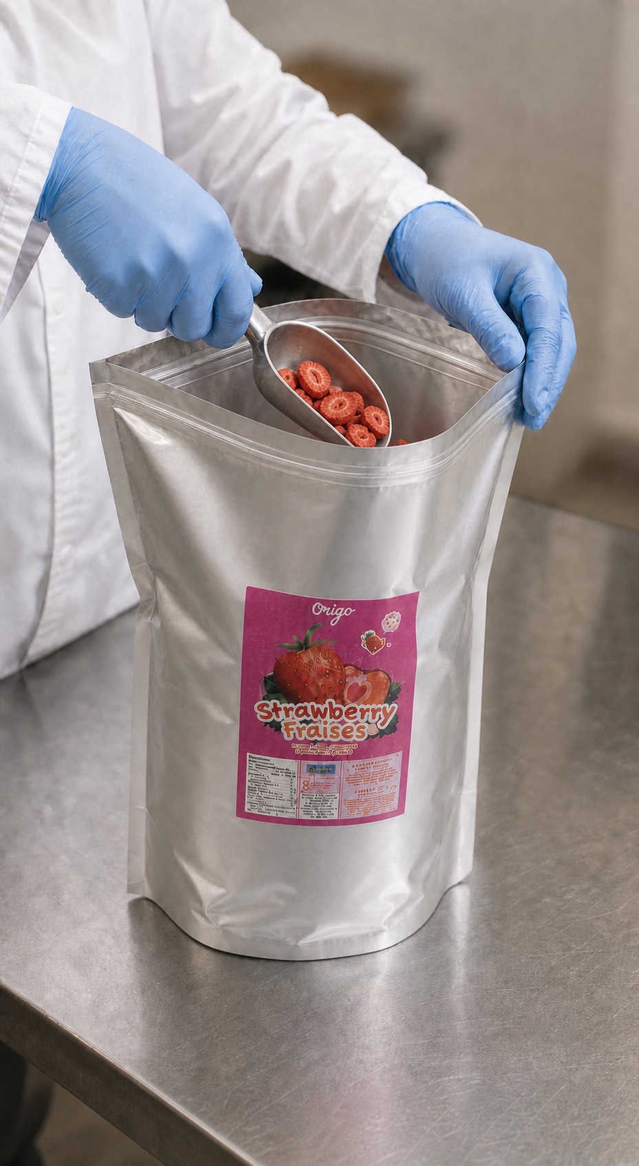 Gloved hands scooping freeze-dried strawberry slices from an open large Origo Foods wholesale pouch standing on a stainless bench