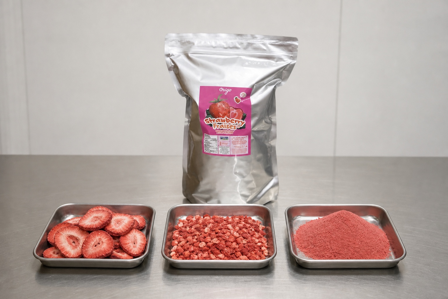 Large Origo Foods wholesale pouch with three stainless trays of freeze-dried strawberry slices, strawberry bits, and strawberry powder